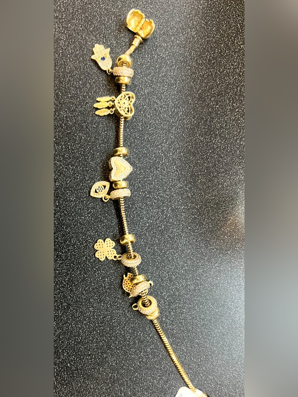 Pandora Gold Charm Bracelet with Heart, Clover & Hamsa Charms